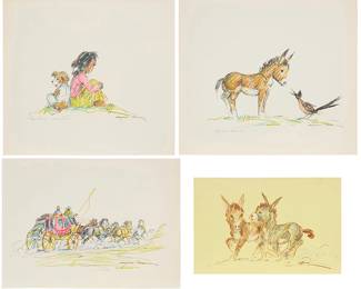 81
Marjorie Reed (1915-1996)
Four works:
" 'Real Friends'-- Navajoland --"
Colored pencil and graphite on paper
Signed and titled in pencil near the lower edge: Marjorie Reed
Sheet: 10.75" H x 12.25" W
"Quiet your Squawking"
Colored pencil and graphite on paper
Signed and titled in pencil near the lower edge: Marjorie Reed
Sheet: 10.5" H x 12.25" W
Untitled, stagecoach
Colored pencil and ink on paper
Signed lower right: Marjorie Reed
Sheet: 8.75" H x 11.75" W
"Desert Playmates"
Colored pencil on yellow paper
Signed lower right: Marjorie Reed; titled in ink lower right, verso
Sheet: 6.75" H x 10.125" W
Estimate: $400 - $600
