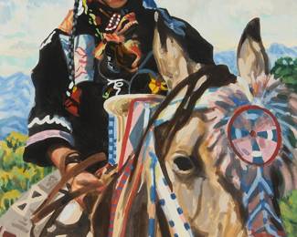 301
Buckeye Blake
b. 1946
"Crow Fair Princess," 1987
Gouache on board
Signed and dated lower left: © Buckeye Blake 87; titled on a gallery label affixed to the frame's backing paper
Sight: 12" H x 8" W
Estimate: $300 - $500