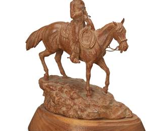 53
Mehl Lawson
b. 1942
"Vaquero Country"
Patinated bronze on wood plinth
Edition: 1/50
Signed, titled, and numbered in the casting: Mehl Lawson / CA
Bronze: 9.25" H x 8" W x 4.125" D; Overall: 11.25" H x 9" W x 6.375" D
Estimate: $800 - $1,200