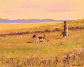 116
Pat Mathiesen
b. 1934
"Partners"
Oil on Gessobord
Signed lower right: Pat Mathiesen ©; titled in ink and with the artist's copyright stamp on the frame's backing paper
8" H x 10" W
Estimate: $400 - $600