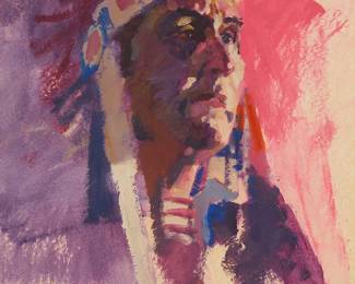 239
Neil Boyle
1931-2006
Portrait with headdress
Oil on board
Signed lower right: Boyle / BSWCA
16" H x 12" W
Estimate: $300 - $500