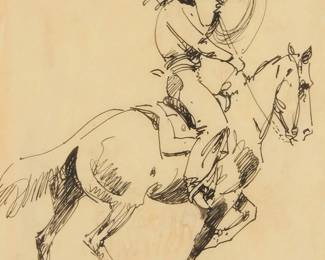 95
Edward Borein
1872-1945
Cowboy with lasso on horseback
Ink on paper
Appears unsigned
Sight: 8.125" H x 7" W
Estimate: $400 - $600