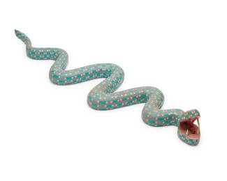 287
A Southwest-style snake figure
1987
Signed and dated to underside: Shriver / © / 87
The polychrome carved wood figure of a snake depicted with mouth agape
3.75" H x 32.75" W x 8.5" D
Estimate: $100 - $200