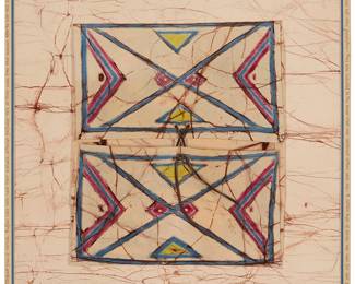 204
Attributed to Lynn Brown
b. 20th century
"Canvas Parfleche"
Mixed media collage including dyed canvas, paint, and leather
Initialed indistinctly lower right: LDB [?]; inscribed in ink on overmat with description of object, presumably by artist
25" H x 18.75" W (sight)
Estimate: $300 - $500