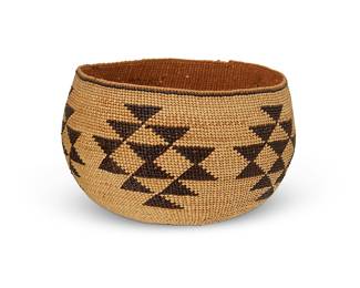36
A polychrome Hupa/Yurok/Karuk basket
Early 20th century; Northern California
A small twined bowl with five imbricated floating hourglass diamond motifs
4" H x 6" Dia. approximately
Estimate: $300 - $500