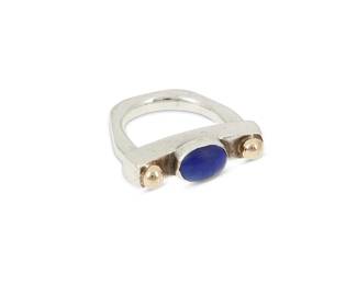 217
An Anthony Kee Navajo lapis lazuli, sterling silver & 14k gold ring
Anthony Kee (b. 20th century, Diné)
Stamped: Anthony Kee / 925 / 14k
A Modernist-style ring with lapis cabochon set to a silver bar flanked by two 14k gold balls
Ring size: 6.25
15.1 grams gross
Estimate: $300 - $500