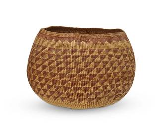 33
A polychrome Hupa/Yurok/Karuk basket
Early 20th century; Northern California
A twined globular tall bowl with overall diagonal stepped triangle motifs, with zigzag banding to rim
5.75" H x 8" Dia. approximately
Estimate: $500 - $700