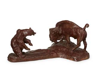 354
After Charles Marion Russell
1864-1926
"The Bluffers"
Patinated bronze
Marked in the casting: © C M Russell / [Buffalo skull cipher] / © EK
7.125" H x 16.875" W x 9.375" D
Estimate: $200 - $400

