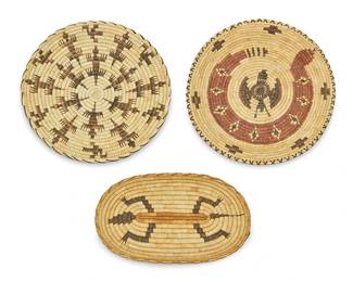 346
A group of Southwest pictorial baskets
Mid/late 20th century, Tohono O'odham; Arizona
Comprising three coiled basketry trays including a polychrome Papago tray with rattlesnake and butterfly motif (1.75" H x 14.75" Dia.), a Papago flared tray with radiating lizard motifs (2.75" H x 14" Dia.), and a polychrome oval tray with a large central lizard (1.25" H x 15.75" W x 9.5" D)
3 pieces
Estimate: $300 - $500