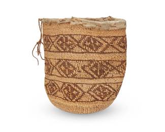 151
A Wasco sally bag basket
Early 20th century; Northwest United States
A soft twined "sally" bag with three rows of geometric banding and a drawstring to hide-bound rim
8.5" H x 6" Dia. approximately
Estimate: $200 - $400