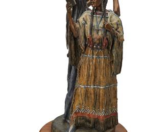 147
David Lemon
b. 1945
"Cheyenne Courtship"
Cold-painted bronze on rotating wood plinth
Edition: 2/40
Signed and numbered in the casting: Lemon ©; further attributed and titled to metal plaque applied to plinth
Bronze: 28" H x 13" W x 14" D; Overall: 30" H x 16" W x 18" D
Estimate: $3,000 - $5,000