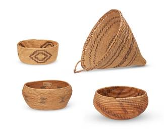 371
A group of California baskets
Early 20th century; Great Basin & Northern California
Four works comprising two Paiute coiled bowls, one a polychrome oval single rod basket with floating hourglass motifs (3.5" H x 8" W x 6.75" ), and a small shallow bowl with three diamond motifs (2.5" H x 6" Dia.), as well as a polychrome Paiute twined conical burden basket with geometric and striped banding (12.25" H x 11.5" Dia.), and a coiled Maidu globular bowl with swirling diagonal sawtooth "feather" motifs (4" H x 8.5" Dia.)
4 pieces
Estimate: $300 - $500