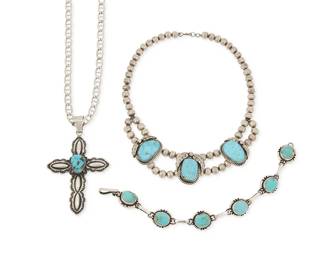 269
A group of Southwest-style silver and turquoise jewelry
Late 20th century

A Derrick Gordon Navajo sterling silver and turquoise cross pendant
Derrick Gordon (b. 1971, Diné)
Stamped: Derrick / Sterling; chain: Italy / 925 / MG [stylized, conjoined]
A stamped repoussé cross with central set turquoise suspended from an associated sterling silver anchor chain, 2 pieces
20" L x 3.5" H x 2.25" W

A group of silver and turquoise jewelry
Variously marked: TB [gothic font; likely Tom Burnside, Diné, active 1970s] / Sterling / 925
Comprising a Navajo silver bead necklace with three set turquoise plaques with silver feather and dot overlay, as well a turquoise and sterling silver link bracelet, 2 pieces
Necklace: 15" L x 1.125" H; bracelet: 8.375" L x 0.625" H

4 pieces total
127.6 grams gross
Estimate: $400 - $600