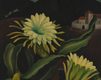 71
Edith Hamlin
1902-1992
"Night Blooming Cereus" (Taos), 1932
Oil on board
Initialed lower left: EH; signed and titled in ink on a partial exhibition label affixed verso
25" H x 22" W
Estimate: $4,000 - $6,000