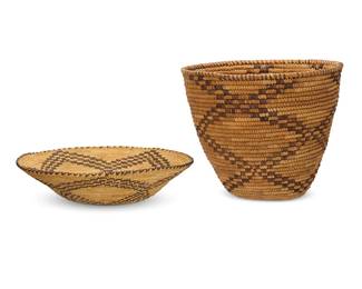 348
Two Papago baskets
Early 20th century, Tohono O'odham; Southwestern United States
Comprising a coiled tray with intersecting star flower motifs (3" H x 11.5" Dia.), and a polychrome coiled tall tapered basket with large intersecting diamond pattern (9" H x 10.75" Dia.)
2 pieces
Estimate: $300 - $500