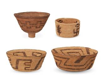 340
A group of Pima baskets
Early/mid-20th century, Akimel O'odham; Southwest United States
Four coiled works comprising two shallow basketry bowls, one with central whirling concentric stepped motif, and one with stepped meander motif (each: 3.75" H x 10" Dia. & 8.55" Dia.), as well as a conical coiled basket with stepped banding and narrow base or handle (5.75" H x 8.75" Dia.), and a small pictorial basket with alternating lizards, whirling logs and cross or fly motifs (3.25" H x 5.25" Dia.)
4 pieces
Estimate: $300 - $500