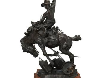 54
Fred Fellows
b. 1934
"Rearranging the Kitchen"
Patinated bronze on wood plinth
Edition: 17/100
Signed and numbered in the casting: Fellows / CA; further attributed and titled to metal plaque applied to plinth
Bronze: 12.625" H x 8.875" W x 4.5" D; Overall: 14.125" H x 9.25" W x 5.75" D
Estimate: $800 - $1,200