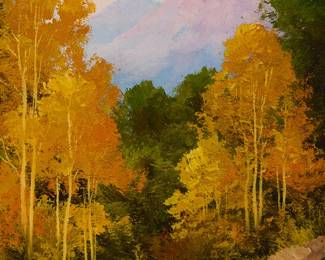 171
Willard Page
1885-1958
"View through Aspens at Mount Taylor"
Oil on paperboard
Initialed lower right: WP; titled by the artist's wife; with the artist's studio ink stamp on the frame's backing board
7" H x 5" W
Estimate: $300 - $500