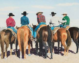 271
Rita Sue Powell
20th century
"Shootin' the Bull"
Colored pencil and pastel on paper
Signed and inscribed lower right: © Rita Sue Powell CPSA; titled on a label affixed to the frame's backing paper
Sight: 18.625" H x 24.625" W
Estimate: $400 - $600