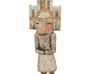 111
A Hopi polychrome Hemis katsina figure
Late 19th/early 20th century
The painted carved cottonwood figure depicted with an elaborate tableta in three panels bound by cotton string, set in a later metal custom stand
Overall: 21.25" H x 7" W x 4.75" D
Estimate: $9,000 - $12,000