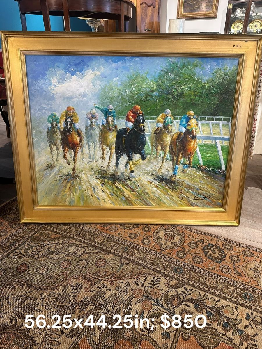 Statement sized artwork. Steeplechase oil in gilt gold frame.