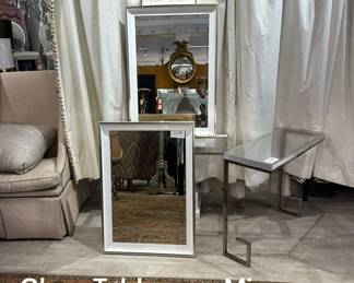 Greek key tables with lucite tops; uttermost white lacquered and chrome mirrors.