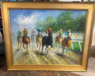 Statement sized artwork. Steeplechase oil in gilt gold frame.