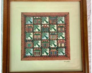"Schoolhouse With Pines" Framed Folk Quilt Art Print by Bev Lohr