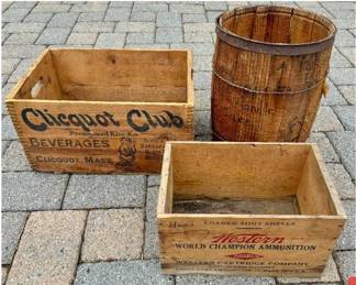 Two Vintage Wood Crates from Western World Champion Ammunition plus Clicquot Club Beverages and Vintage Nail Wooden Barrel Keg