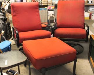 Red patio chairs & ottoman