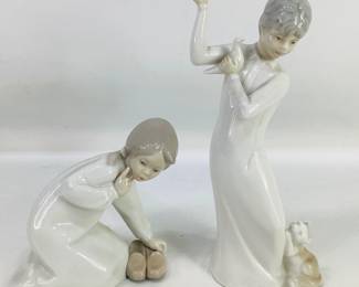 Lladro "Girl with a Dove" and "Little Girl with Slippers" Figurines