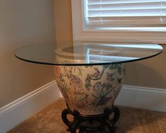 Chinesestyle porcelain fishbowl planter glass top table
