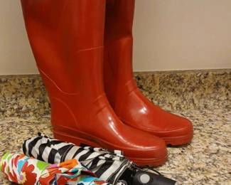 Rain Boots And 2 Umbrellas