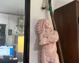 Ceramic statue stands at 30 inches. Spear just under 9 feet tall