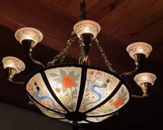 Exquisite 18th-century Art Nouveau cast metal panels with domed glass Hand-painted chandelier with dragon and floral motifs