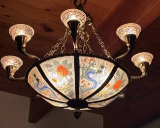 Exquisite 18th-century Art Nouveau cast metal panels with domed glass Hand-painted chandelier with dragon and floral motifs