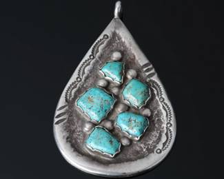 Zuni Wayne and Josie Panteah Silver & Turquoise Teardrop Pendant Native American Jewelry