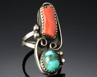 Navajo Richard Begay Silver Turquoise & Coral Ring SZ: 5.5 Native American Jewelry