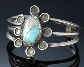 Vintage Navajo Silver & Kingman Turquoise Cuff Bracelet SZ: 6 Native American Jewelry