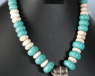 Omani Silver Austria Thaler 1780 Coin White & Green Turquoise Necklace