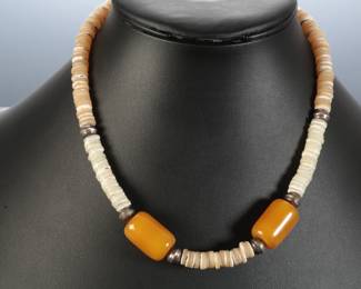 Santo Domingo Heishi & Butterscotch Amber Sterling Necklace Native American Jewelry
