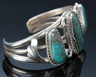 Navajo Silver & 3-Stone Lone Mountain Turquoise Cuff Bracelet SZ: 6.5 Native American Jewelry