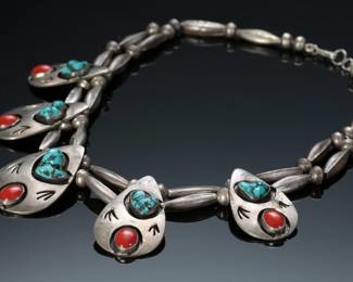 Vintage Navajo Silver Turquoise & Coral Shadowbox Necklace Native American Jewelry