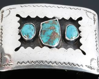 Vintage Navajo Silver & Turquoise Shadowbox Belt Buckle Native American