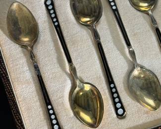 Enamel Gold Plated Sterling Silver English Demitasse Spoon Set in Case