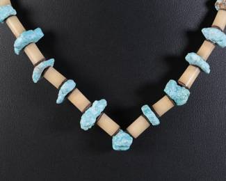 Vintage Santo Domingo Raw Sleeping Beauty Turquoise & Bone Sterling Necklace Native American Jewelry