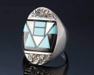 Zuni Multi Stone Inlay Ring SZ: 10.5 Turquoise MOP Onyx Native American Jewelry