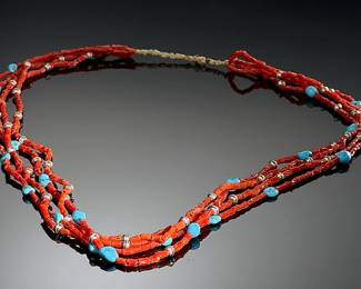 Vintage Native American 4-Strand Coral Turquoise & Silver Bead Necklace