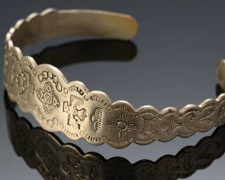 Vintage Native American Harvey Era Silver Plated Copper Stamped Cuff Bracelet Adjustable