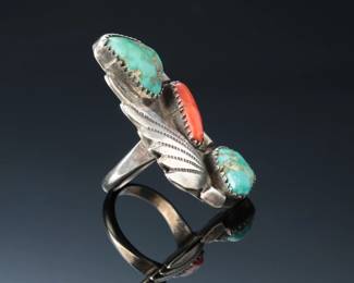 Vintage Navajo Silver Turquoise & Coral Ring SZ: 6 Native American Jewelry